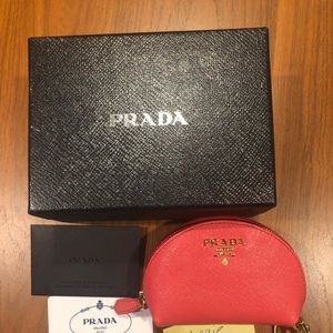 Prada coral pink saffiano leather pouch with box